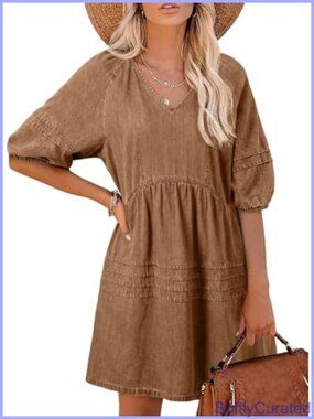 Womens Denim Dress Casual V Neck 3/4 Sleeve A Line Summer Mini Jean Dress